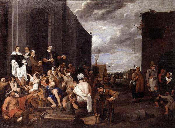 A Lady and gentleman distributing alms to the poor, Matthias van Helmont